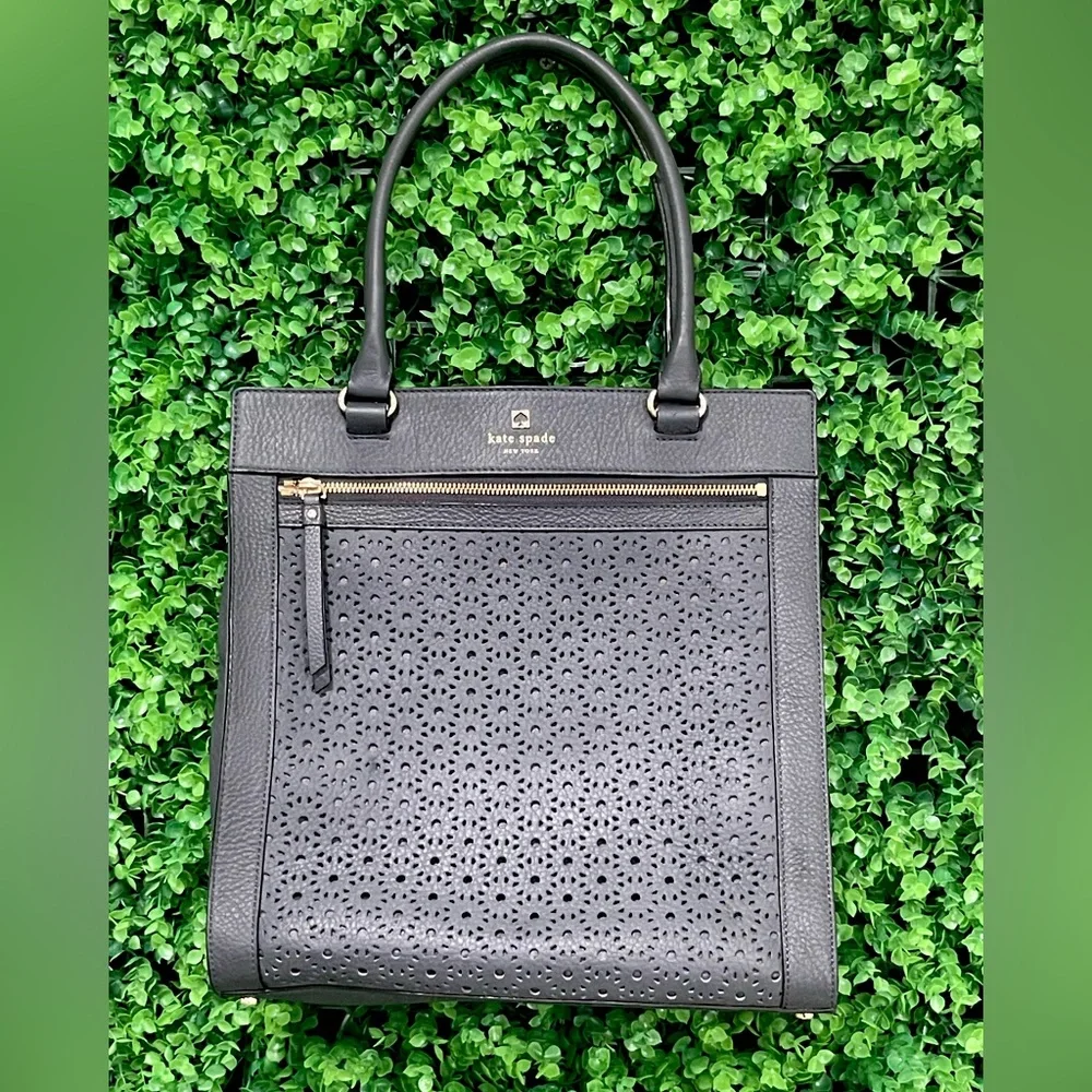 KATE SPADE Lynne Perri Lane Shoulder Bag Floral Perforated Leather Asphalt Blue